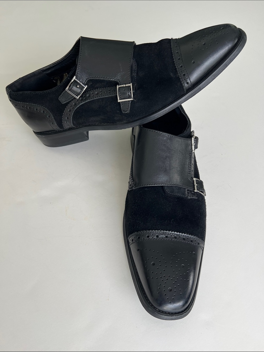 La Milano Men's Black Leather & Suede Double Monk Strap Dress Shoes